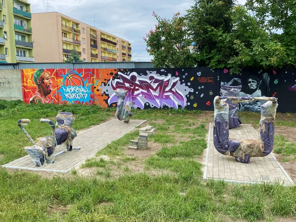Na kutnowskiej Wenecji powstaje boisko do kosza i siłownia plenerowa, przyozdobiona muralami