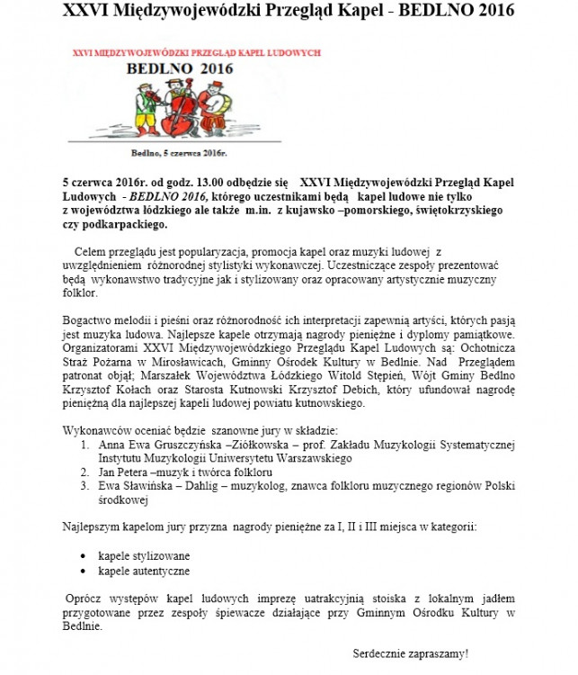 XXVI Międzywojewódzki Przegląd Kapel - Bedlno 2016 - Zdjęcie główne