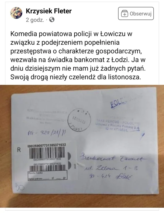 Policjanci z Łowicza przez pomyłkę wezwali na świadka bankomat