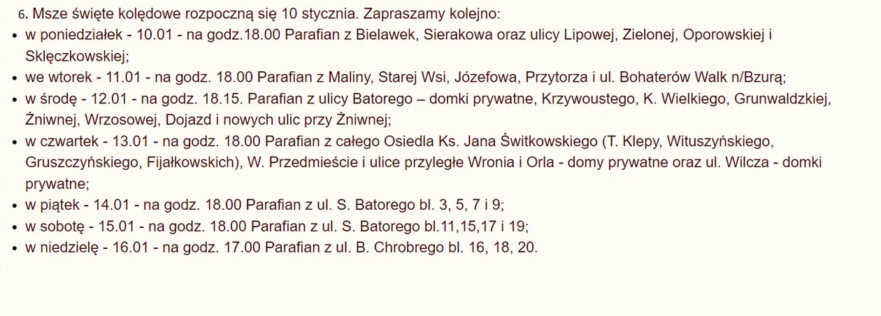 Harmonogram mszy świętych kolędowych w parafii św. Jadwigi Królowej (10 - 16 stycznia)