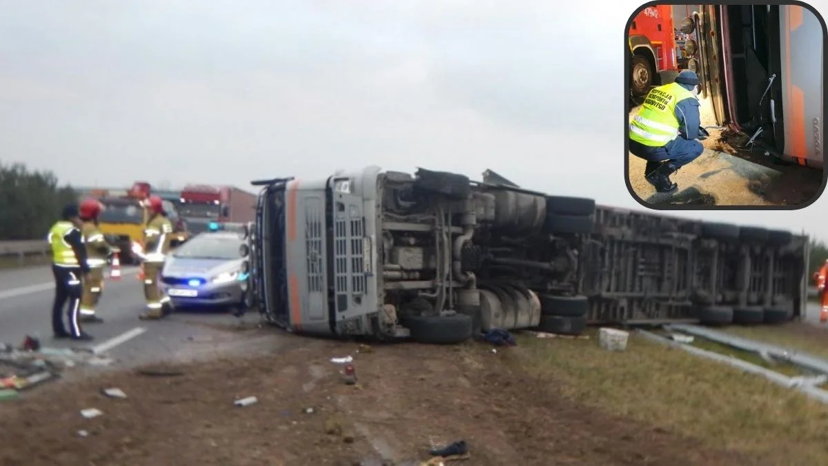 Koszmarny wypadek na autostradzie. Przewrócona ciężarówka przygniotła kierowcę, mężczyzna zmarł [ZDJĘCIA/WIDEO] - Zdjęcie główne