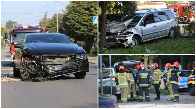 [ZDJĘCIA] Wypadek na skrzyżowaniu, jeden z samochodów uderzył w drzewo - Zdjęcie główne