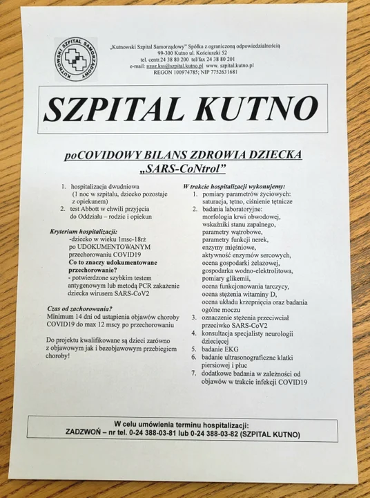 Kutnowski Szpital Samorządowy uruchamia specjalny program diagnozy pocovidowej dla dzieci