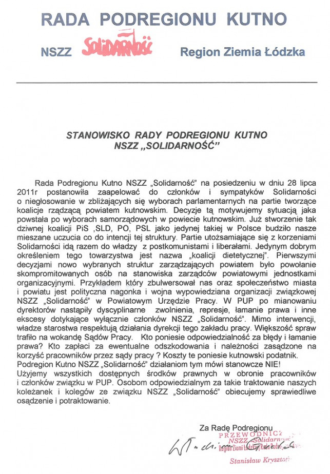 Oświadczenie Rady Podregionu Kutno NSZZ &quot;Solidarność&quot; - Zdjęcie główne