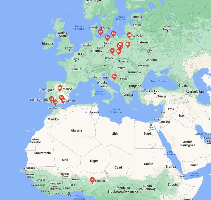 Mapa przedstawiająca miejsca, w których przyszli na świat obecni piłkarze ŁKS-u / Google Maps