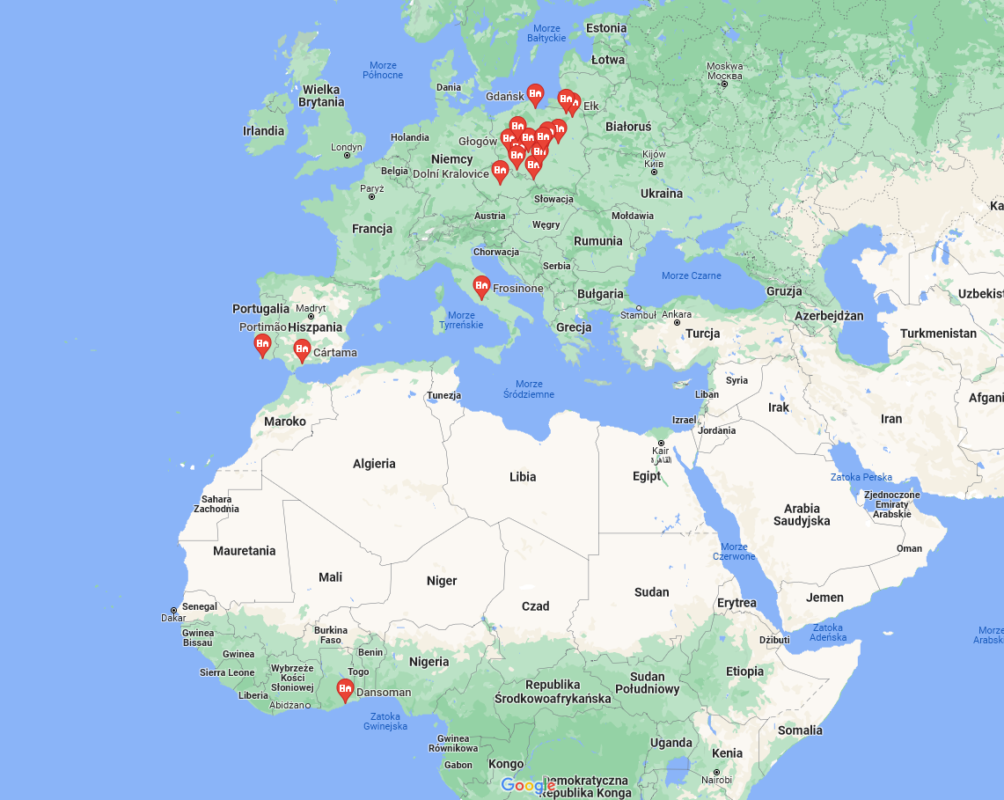 Mapa przedstawiająca miasta, w których przyszli na świat piłkarze Widzewa / Google Maps