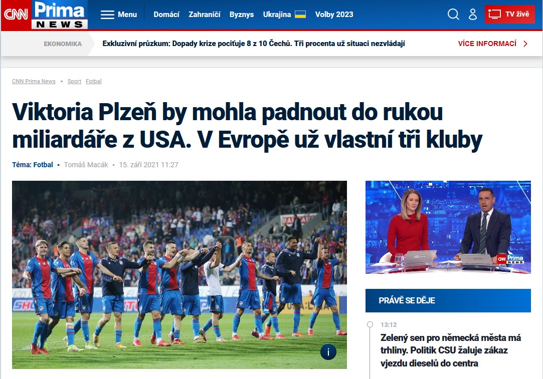 Artykuły czeskich mediów o możliwym przejęciu Viktorii Pilzno przez Roberta Platka