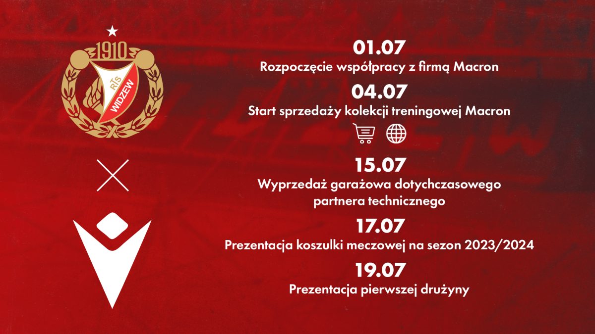 Widzew przedstawił harmonogram prezentacji strojów nowego partnera technicznego / źródło: widzew.com