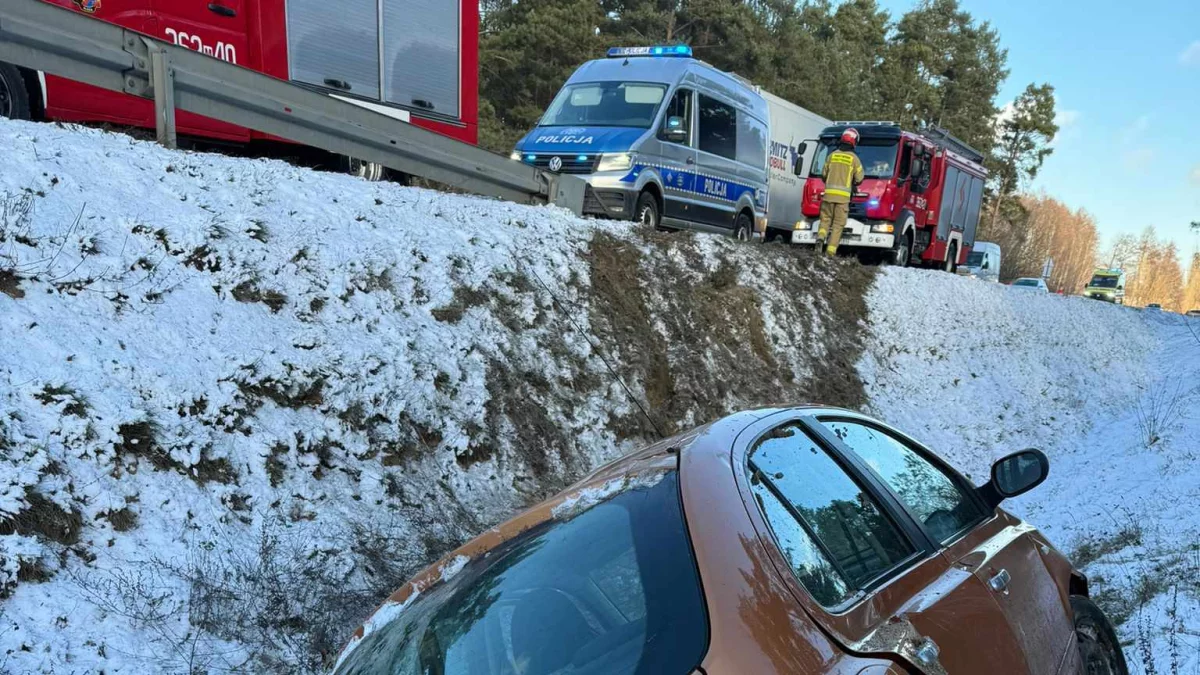 Ślisko w regionie płockim! Nissan wypadł z trasy i wpadł do głębokiego rowu - Zdjęcie główne