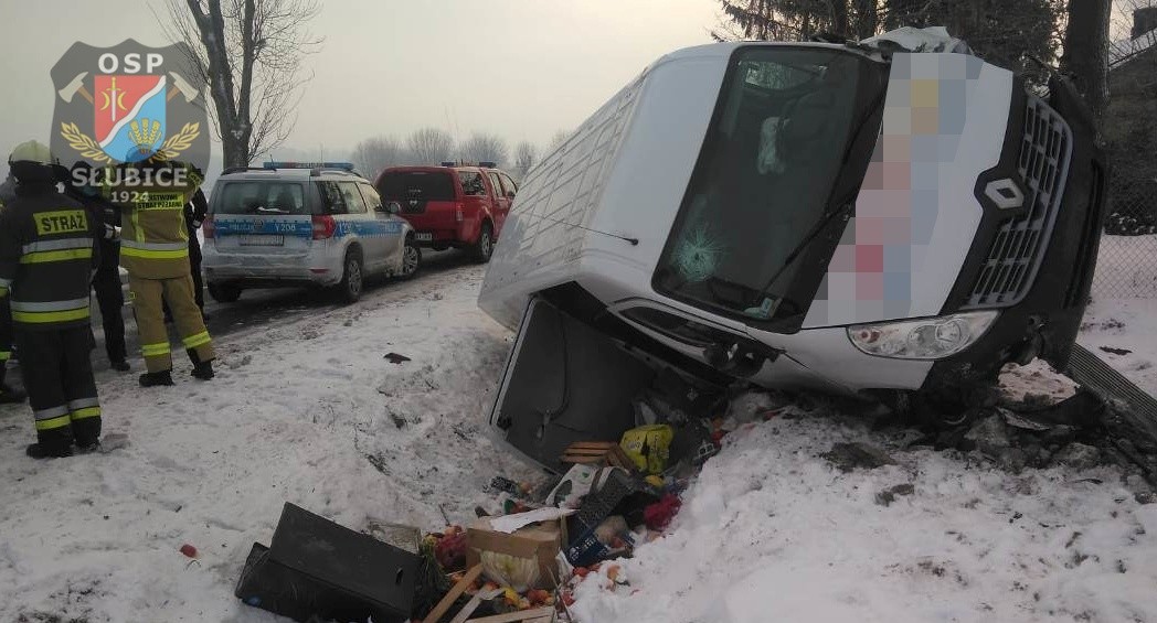 Samochód dostawczy wypadł z drogi. Ranny kierowca [ZDJĘCIA] - Zdjęcie główne