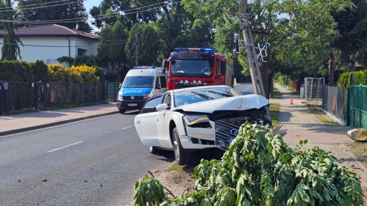 Audi uderzyło w słup energetyczny i drzewo. Droga jest zablokowana