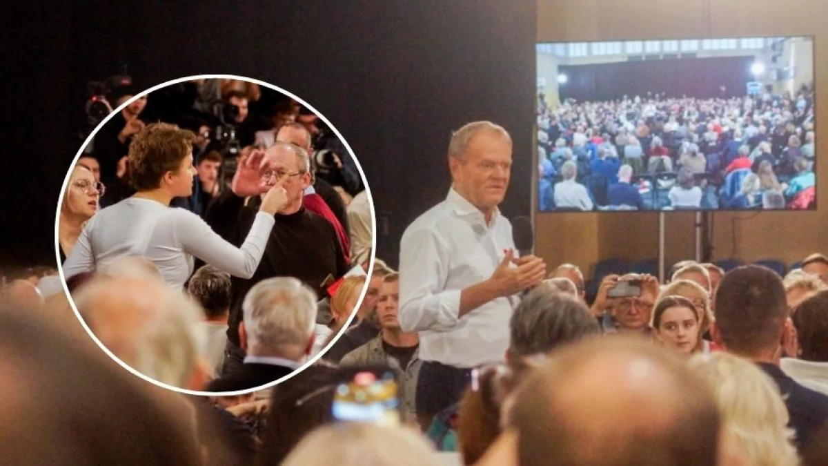 Zamieszanie podczas wizyty Donalda Tuska w Piotrkowie. Nagle wstała kobieta i... [ZDJĘCIA] - Zdjęcie główne