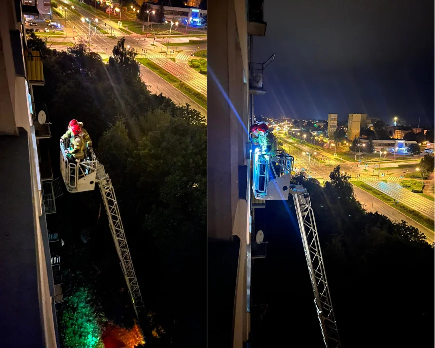 Nocna akcja w centrum Piotrkowa. Strażacy wjeżdżali drabiną na 9. piętro - Zdjęcie główne