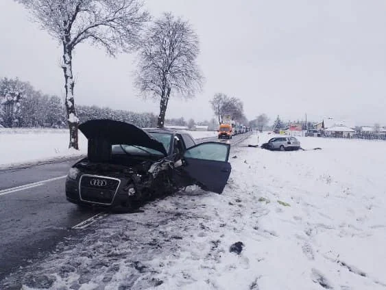 Zderzenie czołowe w regionie. Jeden z poszkodowanych trafił do piotrkowskiego szpitala [ZDJĘCIA] - Zdjęcie główne