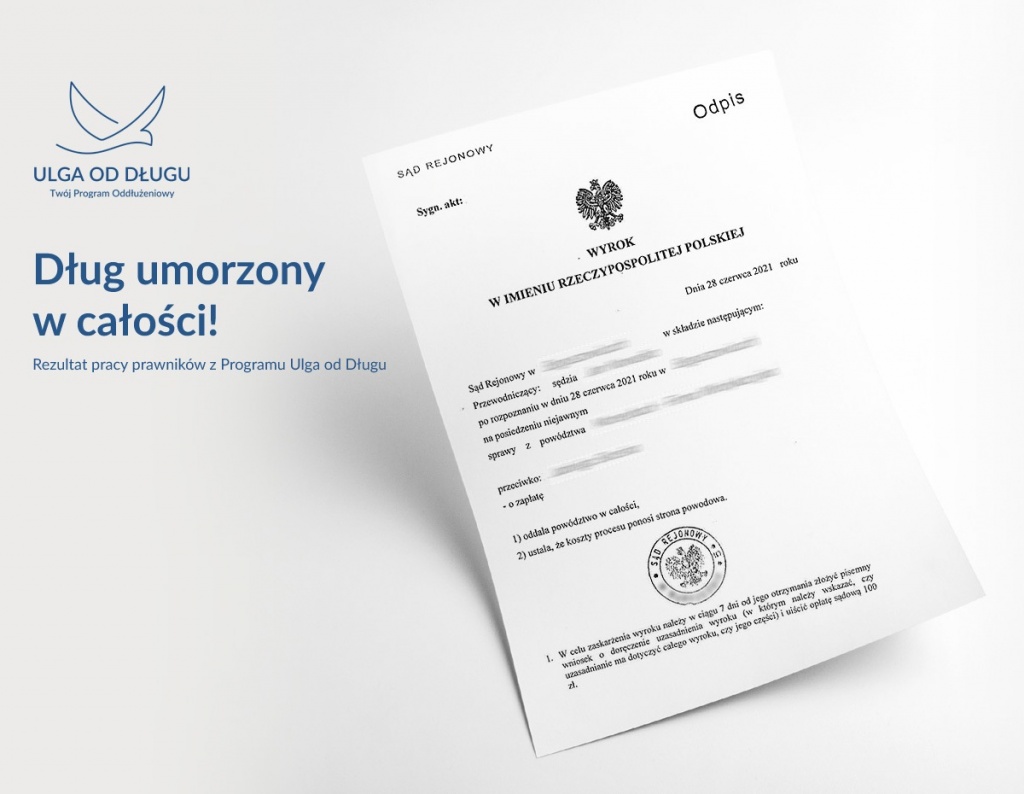 Dług umorzony w całości! Rezultat pracy prawników z Programu Ulga od Długu - Zdjęcie główne