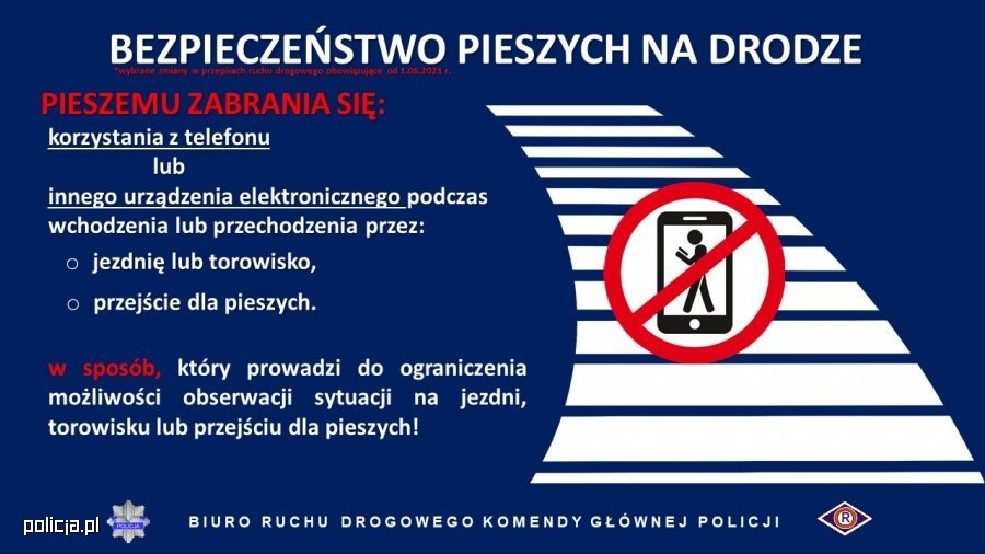 Nowe przepisy w ruchu drogowym od 1 czerwca. M.in. zakaz używania telefonu komórkowego na przejściu dla pieszych (graf. Policja) |wiadomości łódzkie | Łódź | TuŁódź