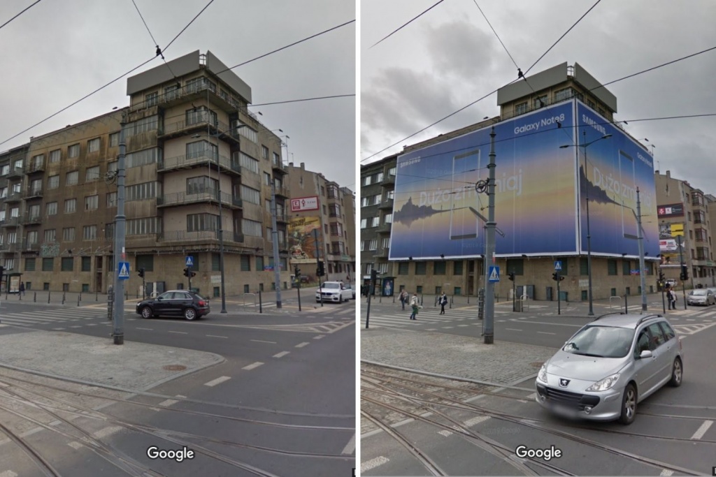 Banery reklamowe szpecą budynki w Łodzi! A łodzianie dają na to ciche przyzwolenie (fot. Google Street View)