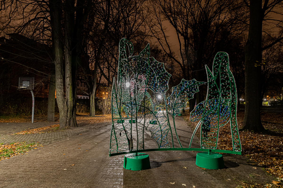 Park Źródliska w Łodzi nocą