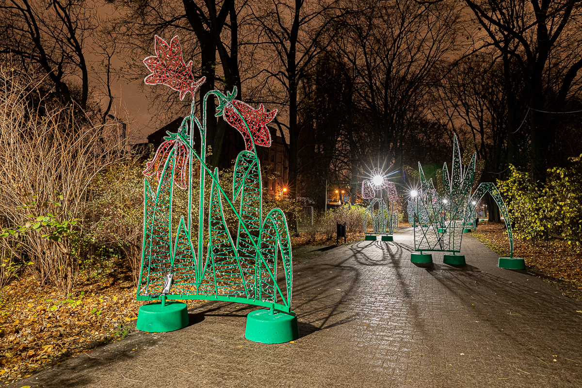 Park Źródliska w Łodzi nocą