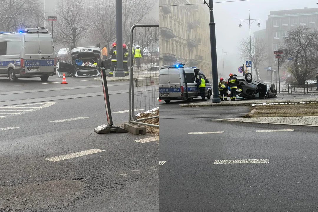 Pijany mężczyzna dachował na skrzyżowaniu Sienkiewicza-Narutowicza w Łodzi [zdjęcia] - Zdjęcie główne